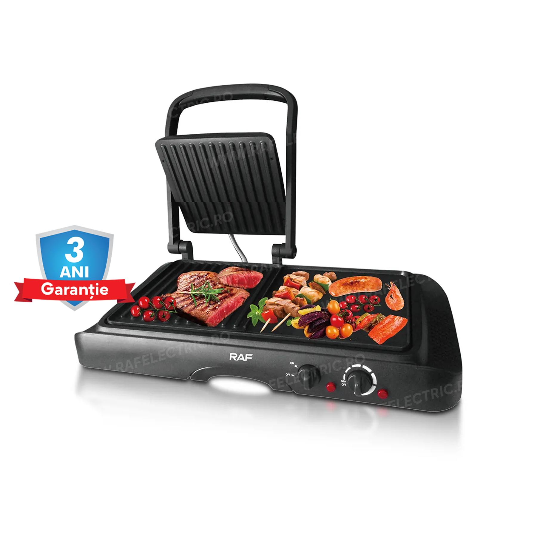 Grill Electric 2 in 1 RAF 2695 cu Placa Mobila cu Deschidere, 1600W
