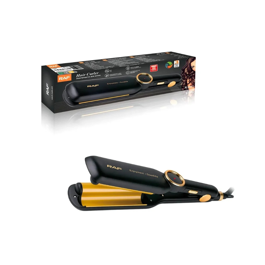 Ondulator pentru par, RAF R0411, 35W, placat cu ceramica, 29x6cm, negru-auriu