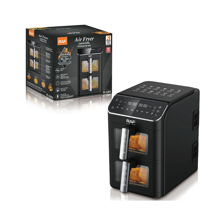 Air Fryer RAF 5284 – Friteuza cu Aer Cald, 2 Cosuri Duble Capacitate 6L+6L, Ecran Digital, Fereastra Vizuala, 2800W