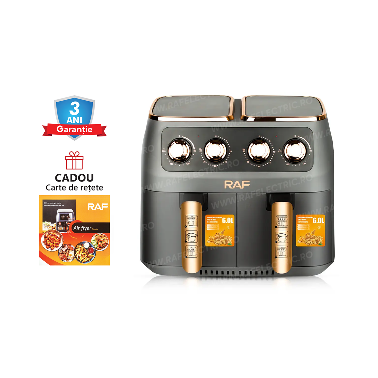 Air Fryer RAF 5236 - Фритюрник със сензорен екран XL, 2 двойни кофи, двойна врата, капацитет 12L