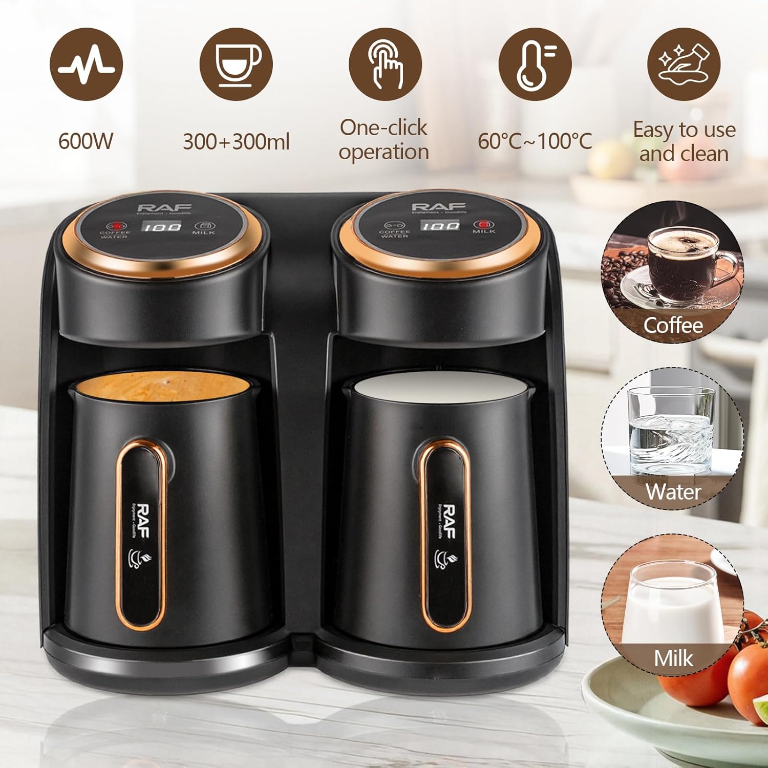 Cafetieră Electrică Turcească RAF R145, 0.3L + 0.3L, 600W, Sistem Dublu, Auriu/Negru