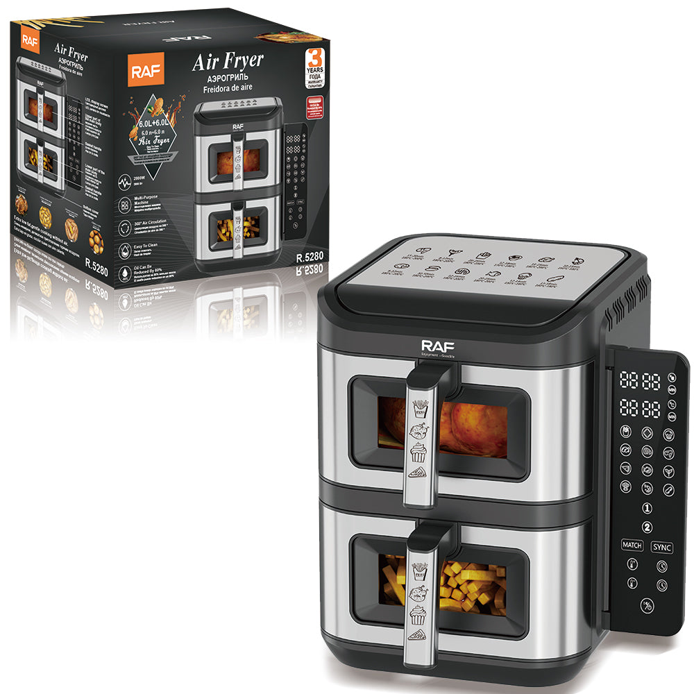 Friteuză cu Aer Cald, Digitală RAF R.5280, 12L (6L+6L), 2800W, Dublu Coș, Display Tactil