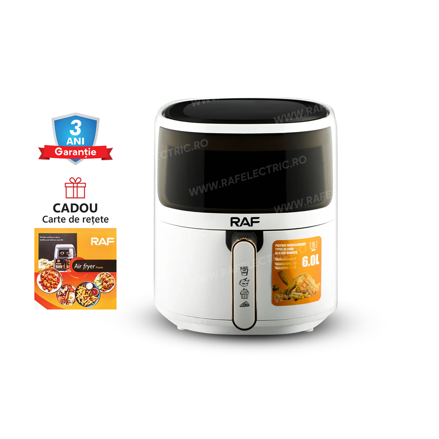 Въздушен фритюрник RAF 5330W - Фритюрник с горещ въздух, без масло, капацитет 6 л, 1500 W, бял
